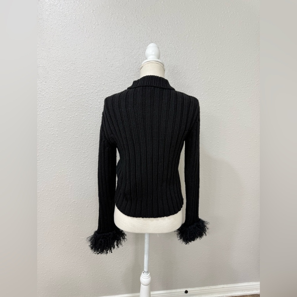 Y2K Italian Cable Knit Sweater Jacket Tibet Lamb Fur Cuffs Cropped Zip Black M - Picture 4 of 8